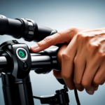 An image capturing a close-up of a hand firmly grasping the bike's handlebar, fingers positioned on the power button, with the other hand reaching towards the front light switch, ready to toggle it on, showcasing the step-by-step process of turning on the electric bike's light