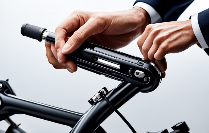 An image showcasing a close-up shot of skilled hands deftly inserting a key into an electric bike's lock, while the other hand holds a charged battery pack, ready to power up the bike