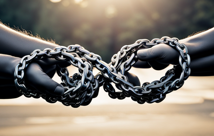 An image showcasing a pair of gloved hands delicately maneuvering a twisted bicycle chain, gently pulling apart the entangled links