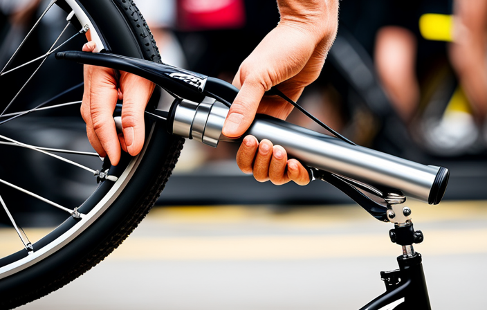 An image showcasing a close-up shot of a hand gripping a bicycle pump handle, firmly pressing down as the pump's piston compresses air, with the tire valve connected and inflating