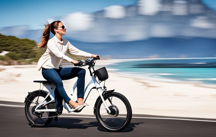 An image showcasing a person effortlessly cruising along a scenic coastal road, with the wind gently tousling their hair, as they confidently navigate their Felt electric bike with intuitive hand controls