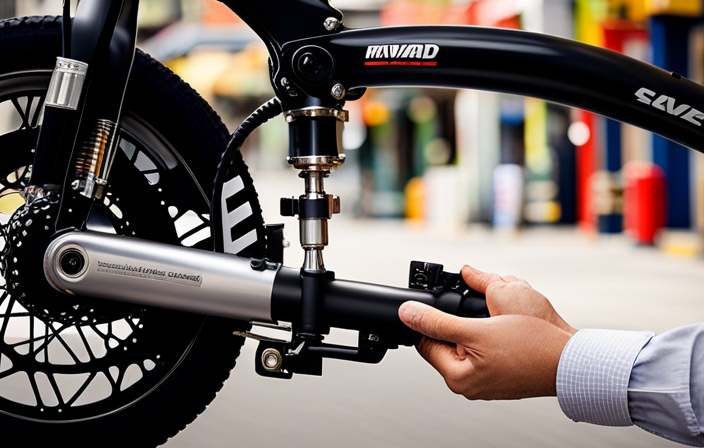 An image showcasing a step-by-step guide to using a hydraulic pump for an electric bike: a person firmly holding the pump's handle, connecting it to the bike's hydraulic system, and effortlessly inflating the tires