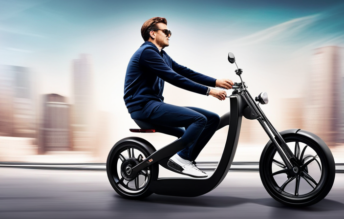 An image of a person effortlessly gliding through a vibrant cityscape on an electric bike, showcasing the bike's sleek design, powerful motor, and the rider's relaxed posture, with wind blowing through their hair