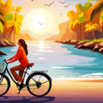 An image showcasing a person effortlessly gliding along a scenic coastal path on an Electric Ancheer Bike, with the sun casting a warm glow on their contented face and the wind gently tousling their hair