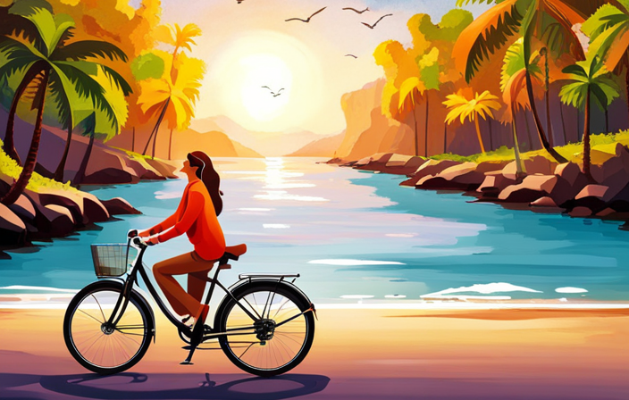 An image showcasing a person effortlessly gliding along a scenic coastal path on an Electric Ancheer Bike, with the sun casting a warm glow on their contented face and the wind gently tousling their hair