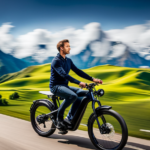 An image showcasing a rider effortlessly gliding uphill on an electric bike, with a clear display of the bike's battery level and a user-friendly control panel, illustrating the ease of navigating hilly terrains