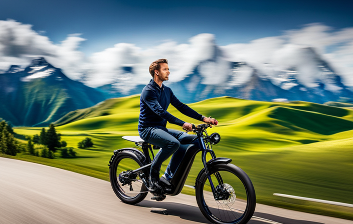 An image showcasing a rider effortlessly gliding uphill on an electric bike, with a clear display of the bike's battery level and a user-friendly control panel, illustrating the ease of navigating hilly terrains