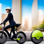 An image showcasing a person effortlessly riding a Lime electric bike through a bustling cityscape