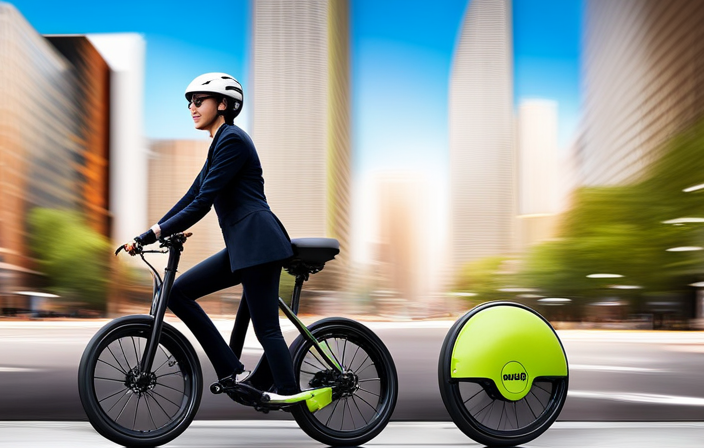 An image showcasing a person effortlessly riding a Lime electric bike through a bustling cityscape