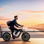 An image showcasing a rider effortlessly cruising on a sleek and eco-friendly Lyft electric bike through a vibrant cityscape, with a clear view of the bike's user-friendly features and the rider's joyful expression