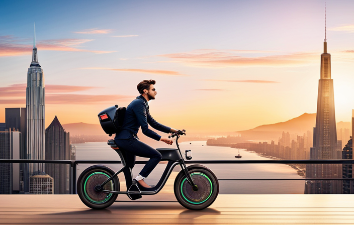 An image showcasing a rider effortlessly cruising on a sleek and eco-friendly Lyft electric bike through a vibrant cityscape, with a clear view of the bike's user-friendly features and the rider's joyful expression