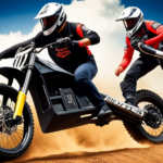An image capturing the exhilarating moment of a rider effortlessly lifting the front wheel of an electric dirt bike, with the bike's tires kicking up a cloud of dirt and the rider's body position perfectly balanced