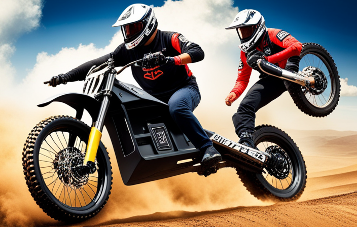 An image capturing the exhilarating moment of a rider effortlessly lifting the front wheel of an electric dirt bike, with the bike's tires kicking up a cloud of dirt and the rider's body position perfectly balanced