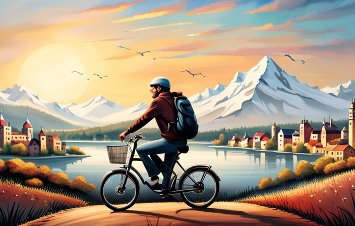 An image showcasing a person effortlessly gliding uphill on an electric bike, with their hands lightly gripping the handlebars, a smile of contentment on their face, and the bike's battery and motor subtly depicted