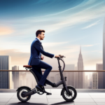 An image featuring a person riding a compact folding electric bike through a bustling cityscape