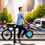 An image showcasing a person effortlessly riding a folding electric bike through a bustling city street, with a clear view of their beaming face and a trail of dollar bills floating in the air, symbolizing financial savings