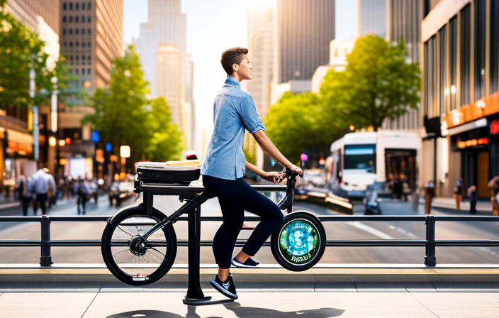 An image showcasing a person effortlessly riding a folding electric bike through a bustling city street, with a clear view of their beaming face and a trail of dollar bills floating in the air, symbolizing financial savings
