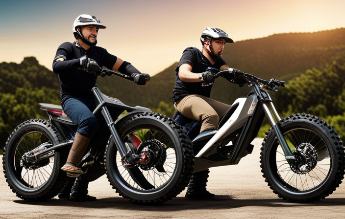 An image that showcases an electric bike conquering rugged off-road terrain, its sturdy frame soaring through a muddy trail, wheels splattering dirt, and the rider triumphantly navigating steep slopes