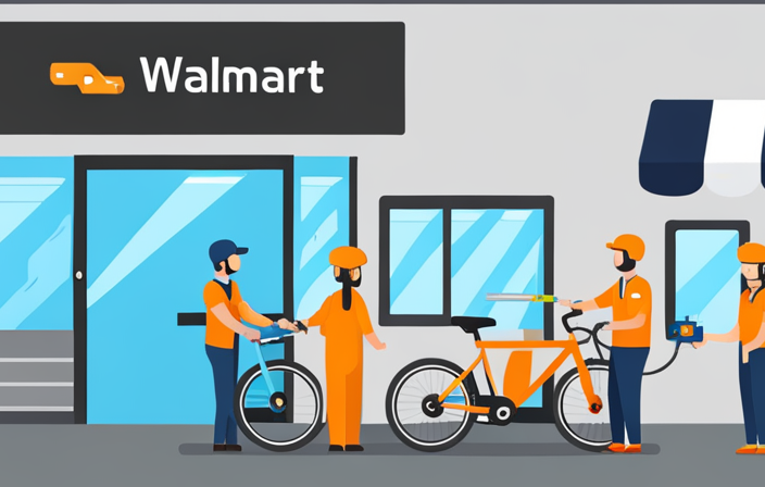 An image showing a customer with their electric bike outside a Walmart store, surrounded by a dedicated "Electric Bike Service Center" sign, displaying technicians in blue uniforms assisting customers with bike repairs and maintenance