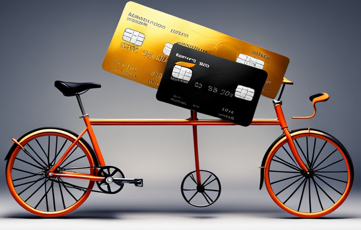 An image showing two credit cards, one with a high-interest rate and minimum payments, the other with a low-interest rate and higher payments, both indicating the remaining balance of a $1000 bicycle purchase