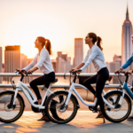 An image showcasing a diverse group of urban professionals, stylishly riding Evelo electric bikes through a bustling cityscape