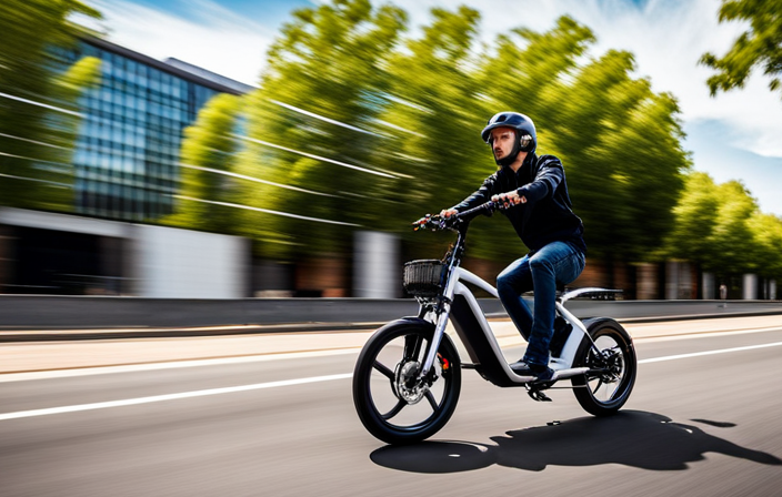 An image capturing the exhilarating speed of the Jetson Electric Bike: a blur of motion as the sleek, futuristic bike effortlessly zips through an urban landscape, leaving a trail of excitement in its wake