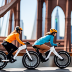 An image capturing the vibrant energy of a Jump Electric Bike zipping across the iconic Brooklyn Bridge, with breathtaking views of the Manhattan skyline in the background, showcasing the convenience and excitement of exploring NYC on two wheels