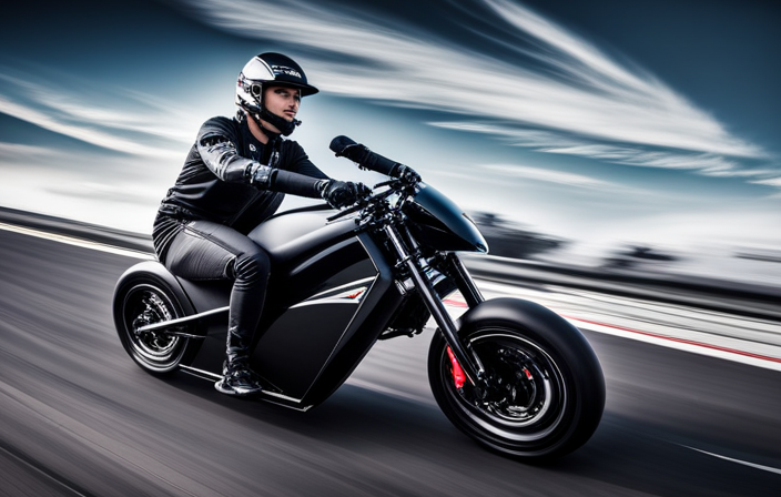 An image showcasing the Mototec Electric 36v Pocket Bike in sleek black, zooming past at lightning speed on a racetrack