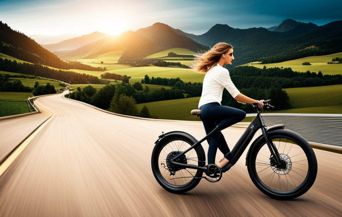 the exhilarating ride of my electric bike as I effortlessly glide through a picturesque countryside landscape, with the gentle hum of the motor blending harmoniously with the rhythmic motion of my pedaling