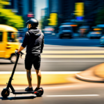 An image showcasing an Oregon Electric Scooter navigating a bustling urban street, surrounded by vehicles, with no designated bike lanes in sight