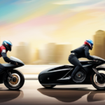 An image showcasing a split-screen view of a sleek, gasoline-powered bike racing down an urban street, contrasting with a futuristic electric bike effortlessly gliding through a scenic countryside