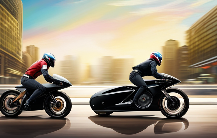 An image showcasing a split-screen view of a sleek, gasoline-powered bike racing down an urban street, contrasting with a futuristic electric bike effortlessly gliding through a scenic countryside