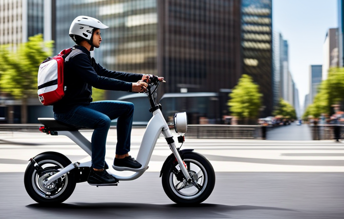 An image showcasing a rider confidently maneuvering the Pukka Electric Mini Bike through a bustling urban landscape, effortlessly gliding past traffic, with a trail of vibrant streaks tracing their path