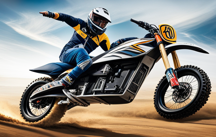 An image showcasing a fearless rider on a Razor MX650 Rocket Electric Motocross Bike, effortlessly popping a wheelie