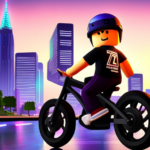 An image showcasing a player character in Roblox Electric State, riding a sleek black bike through a bustling city at sunset, with vibrant neon lights reflecting off the wet asphalt
