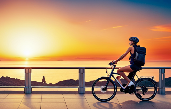 An image showcasing a cyclist effortlessly gliding along a scenic coastal road on an electric bike, with the backdrop of a vibrant sunset