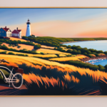 An image of a picturesque landscape of Martha's Vineyard, with an electric bike parked near a stunning lighthouse