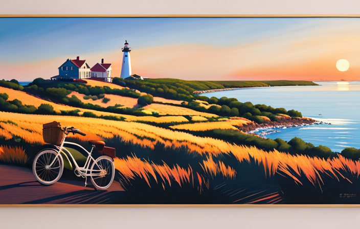 An image of a picturesque landscape of Martha's Vineyard, with an electric bike parked near a stunning lighthouse