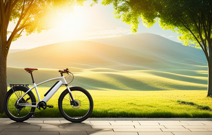 An image showcasing a bright and sunny outdoor scene, with a Volta Electric Bike parked near a charging station