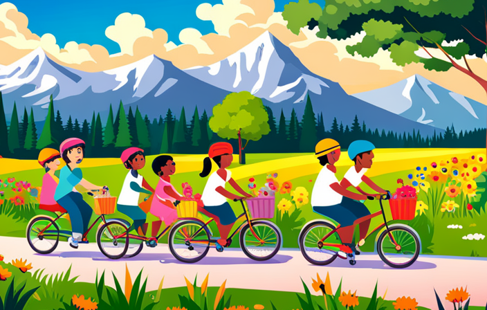 An image showcasing a diverse group of children aged 1-6 happily riding in bike trailers