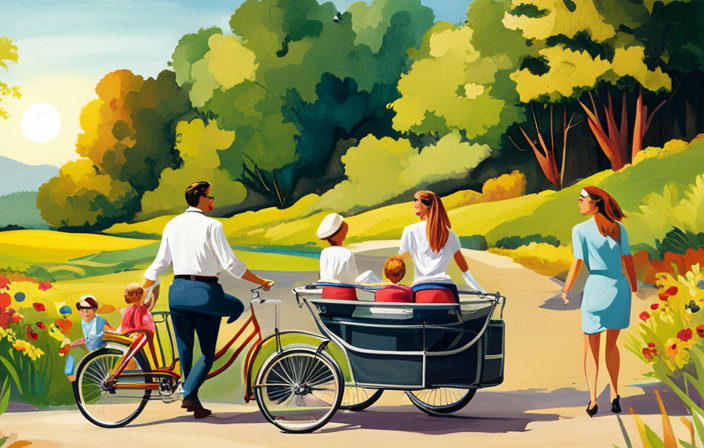 An image of a sunny day with a parent confidently cycling on a scenic bike trail, accompanied by a baby securely strapped in a bike trailer