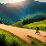 An image that showcases a cyclist navigating a winding gravel path surrounded by lush forests and rolling hills
