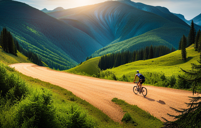 An image that showcases a cyclist navigating a winding gravel path surrounded by lush forests and rolling hills