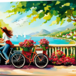An image showcasing an electric bike effortlessly cruising along a scenic coastal road, with a rider joyfully smiling, wind tousling their hair, surrounded by lush greenery and vibrant flowers in full bloom