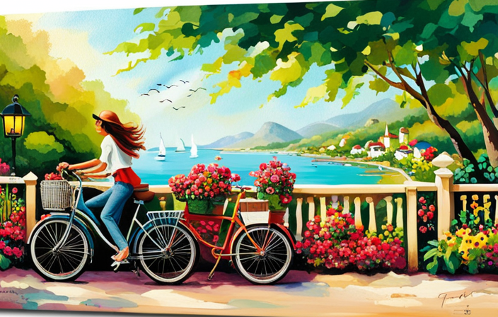 An image showcasing an electric bike effortlessly cruising along a scenic coastal road, with a rider joyfully smiling, wind tousling their hair, surrounded by lush greenery and vibrant flowers in full bloom