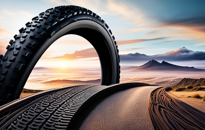 -up shot of a gravel bike tire, showing its aggressive tread pattern and thick rubber compound, gripping onto a rough and rocky gravel road, with dust particles flying in the air