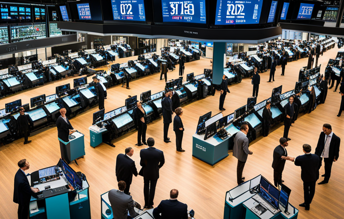An image showcasing a bustling stock exchange floor, with traders eagerly gesturing towards large digital screens displaying the logos of renowned electric bike companies like Tesla, Shimano, and Bosch, reflecting their promising stock performance