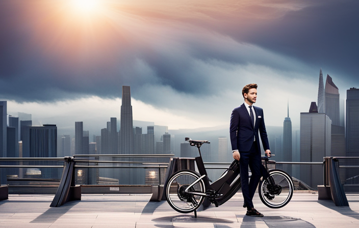 An image showcasing the Mate X Folding Electric Bike, depicting a person effortlessly riding it