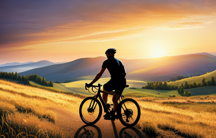 An image capturing the thrill of cycling on a gravel road: a rugged, winding path cutting through a serene countryside, the sun casting a warm glow on the rider as they conquer the uneven terrain with a sturdy mountain bike