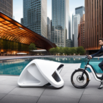  an image of a sleek, futuristic electric bike securely docked on a robust, weather-resistant bike rack